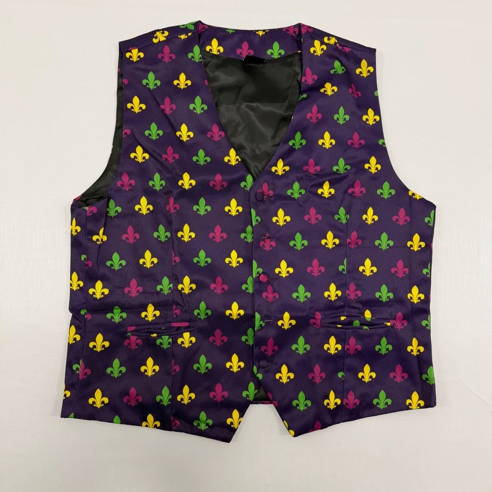 Linoel Mardi Gras Fleur De Lis Vest Mens XL Purple Green Gold Festive Waistcoat